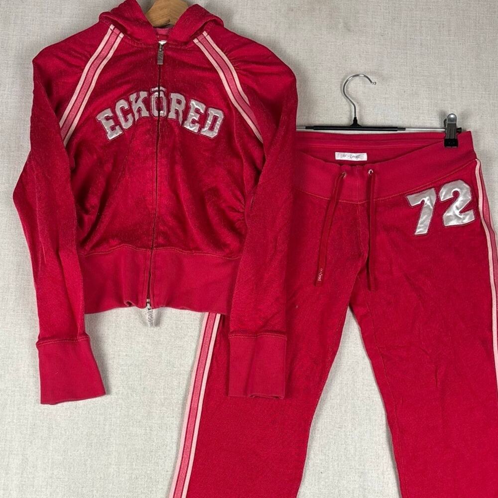 Y2K Velour Hot Pink Low Rise Track Suit 2Pc Set Ecko Red #72 Varsity Style M/L